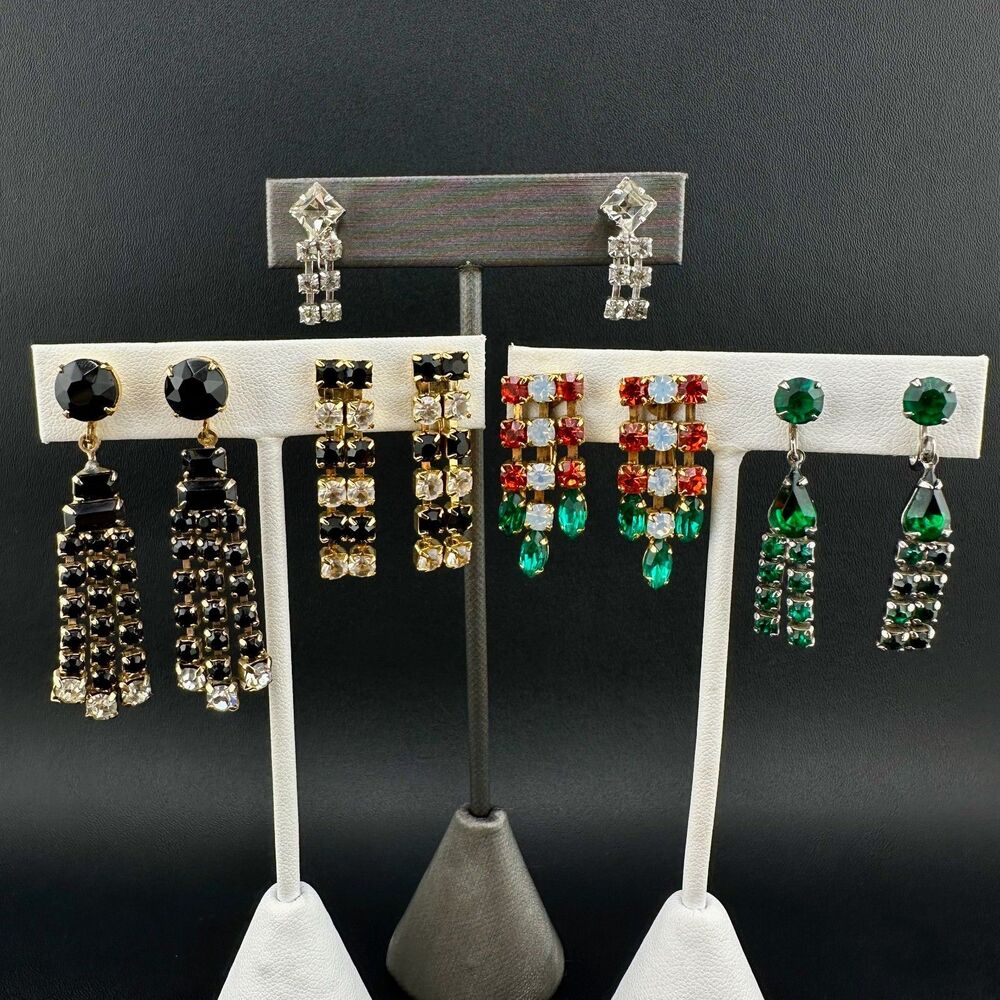 Vintage Rhinestone Dangle Earrings Lot Gold Silver Tone Green Black Red Trifari
